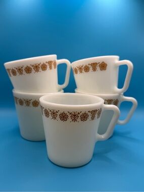 Vintage Pyrex Butterfly Gold Milk Glass D Handle Coffee Mug 1410 Set of 5